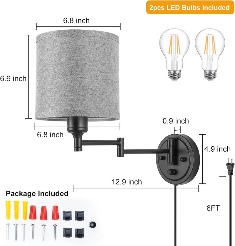 GOODATE Dimmable Plug in Wall Sconces, Swing Arm Wall Lamp, Wall Sconces Set of Two, Plug in Wall Light, Sconces Wall Decor Set of 2, Grey Fabric Shade, 2pcs Bulbs Included - Image 5